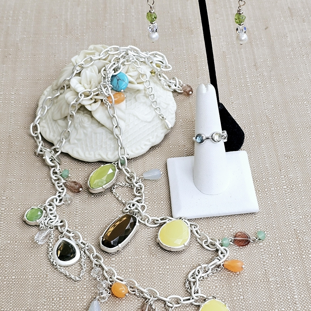 SET! Peridot & Pearl Earrings and 925 Ring with Lia Sophia Necklace SET!